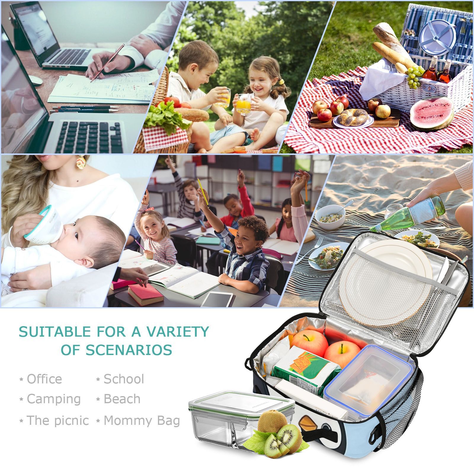 Penguins in Blue Lunch Bag Cooler Bag Cooling Tote Portable Shoulder Strap Interior Pockets for Picnic Travel