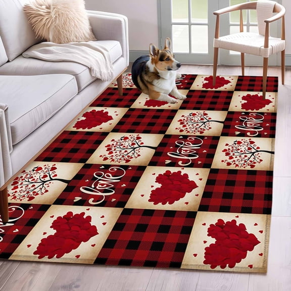 Red Plaid Valentine's Day Area Rug 4x6 Washable Rug Non Slip Checkered Farmhouse Valentines Large Area Rug Indoor Floor Carpet for Entryway Bedroom Kitchen Living Room Home Office Dining Room Nursery