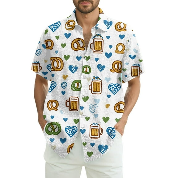LHVUOA Oktoberfest Shirts for Men, Beer Print Mens Casual Short Sleeve Button Down Shirts Beach Shirt