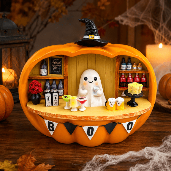 Boo Bar Halloween Decor, Pumpkin-Shaped Ghost Bartender Figurine with Mini Drinks for Tabletop, Shelf, Mantel and Party Display