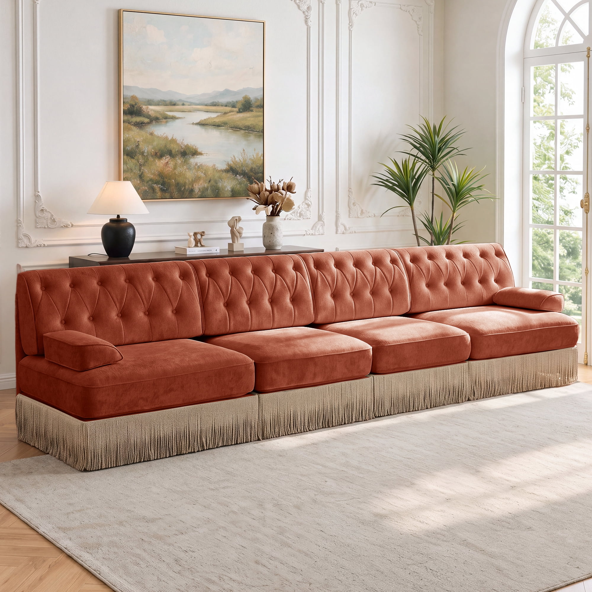 135" Velvet Fabric 4-Seater Sofa with Tassel Fringe Skirt and Button Tufted Design, Easy to Assemble