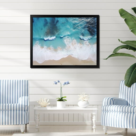 Designart "Aerial View Waves of White and Blue I" Coastal Framed Wall Art Decor - Coastal Blue Coastal Beach Entryway Framed Wall Art