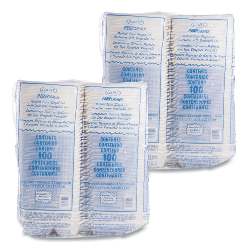 Dart 85HT3R Foam Hinged Lid Commercial Containers, 3-Compartment, 8.38 x 7.78 x 3.25, 200/Carton