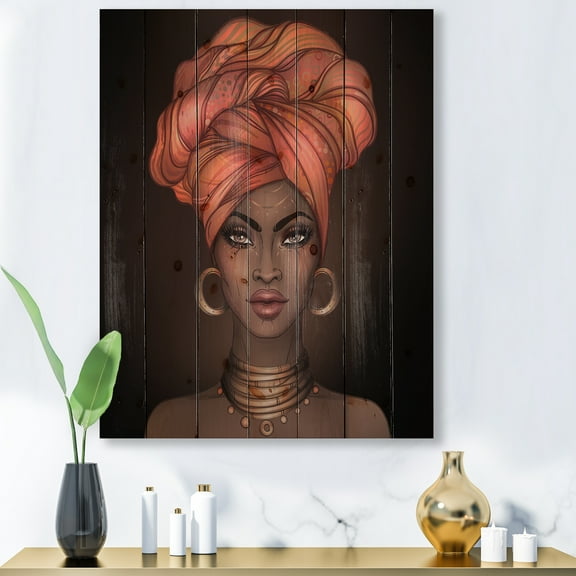 Designart 'African American Woman Portrait with Turban V' Modern Print on Natural Pine Wood