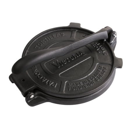 Victoria 8 Inch Cast Iron Tortilla Press. Tortilla Maker  Flour Tortilla press  Rotis Press  Dough Press  Pataconera Seasoned with Flaxeed Oil  Black