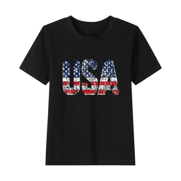 FamilyThread Children's Casual Loose T-shirt American Flag 4th of July Summer Comfortable Short Sleeved Round Neck Top For 2-14Y