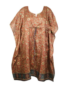 Mogul Women Midi Caftan Tunic Dress Recycled Silk Sari Printed Resort Wear Beach Cover Up Housedress Holiday Kaftan One Size