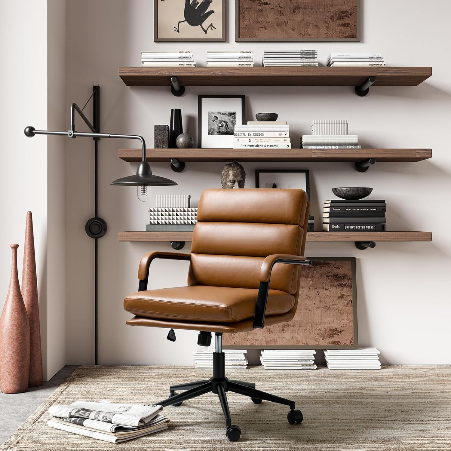 Faux Leather Home Office Chair, Swivel Task Desk Chair with Padded Cushion  Camel