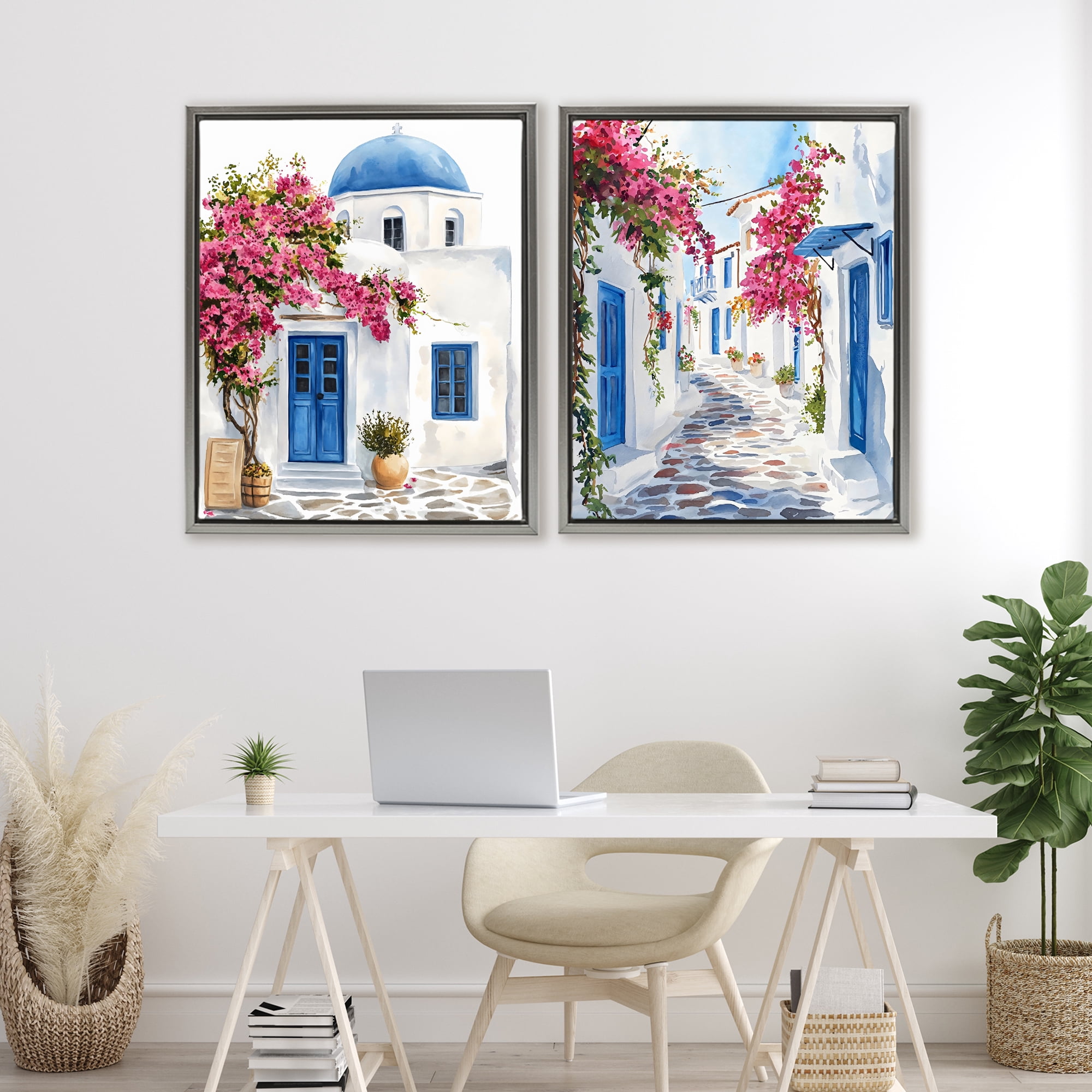 Stupell Industries Santorini House with Pink Tree 2 Piece Gray Framed Floater Canvas Set, design by LSR Design Studio