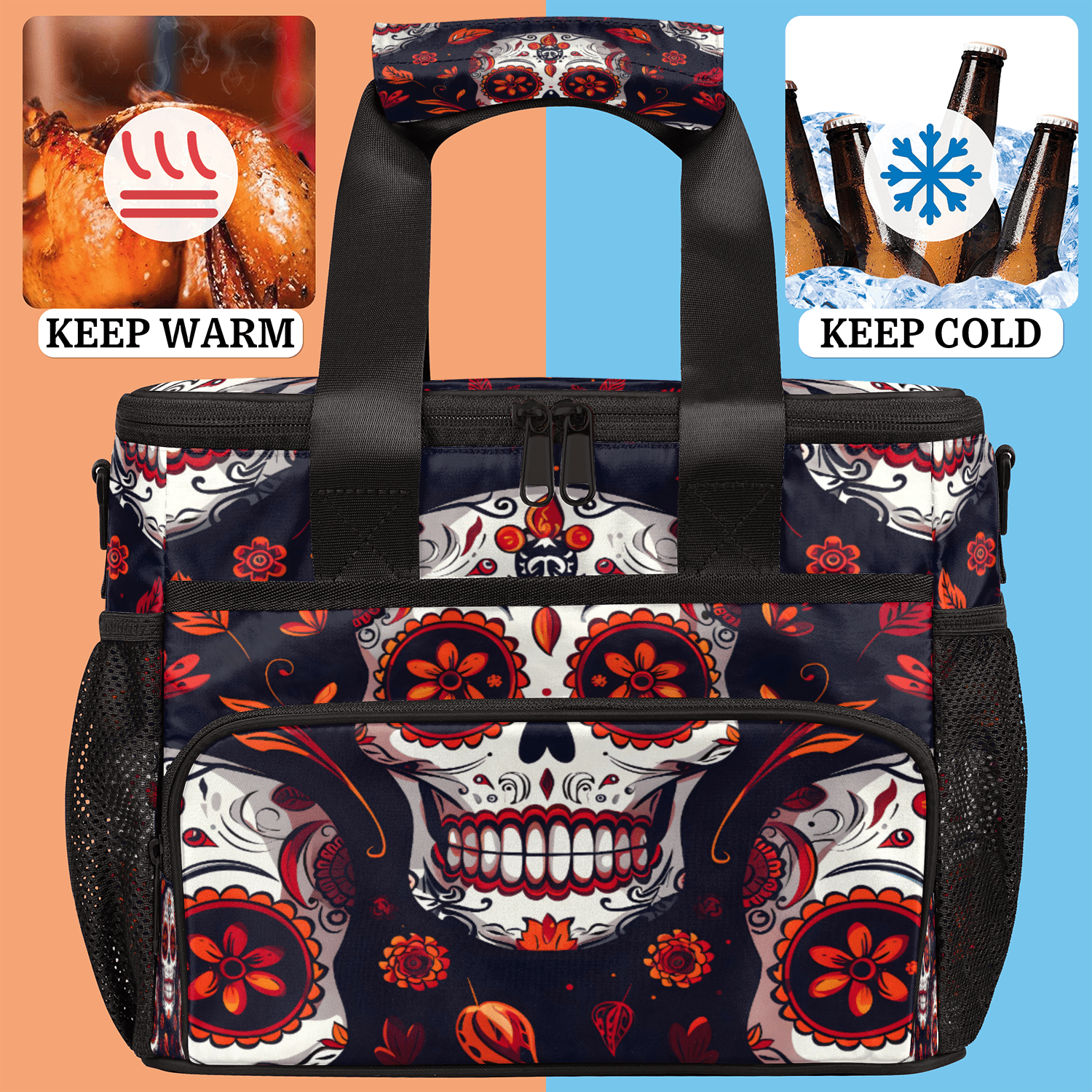 Herdesigns Sugar Skull Mexican Floral Skeleton Large Lunch Box for Adults Women Men with Adjustable Shoulder Strap, Insulated Reusable Lunch Bag Leakproof Cooler Tote Bag