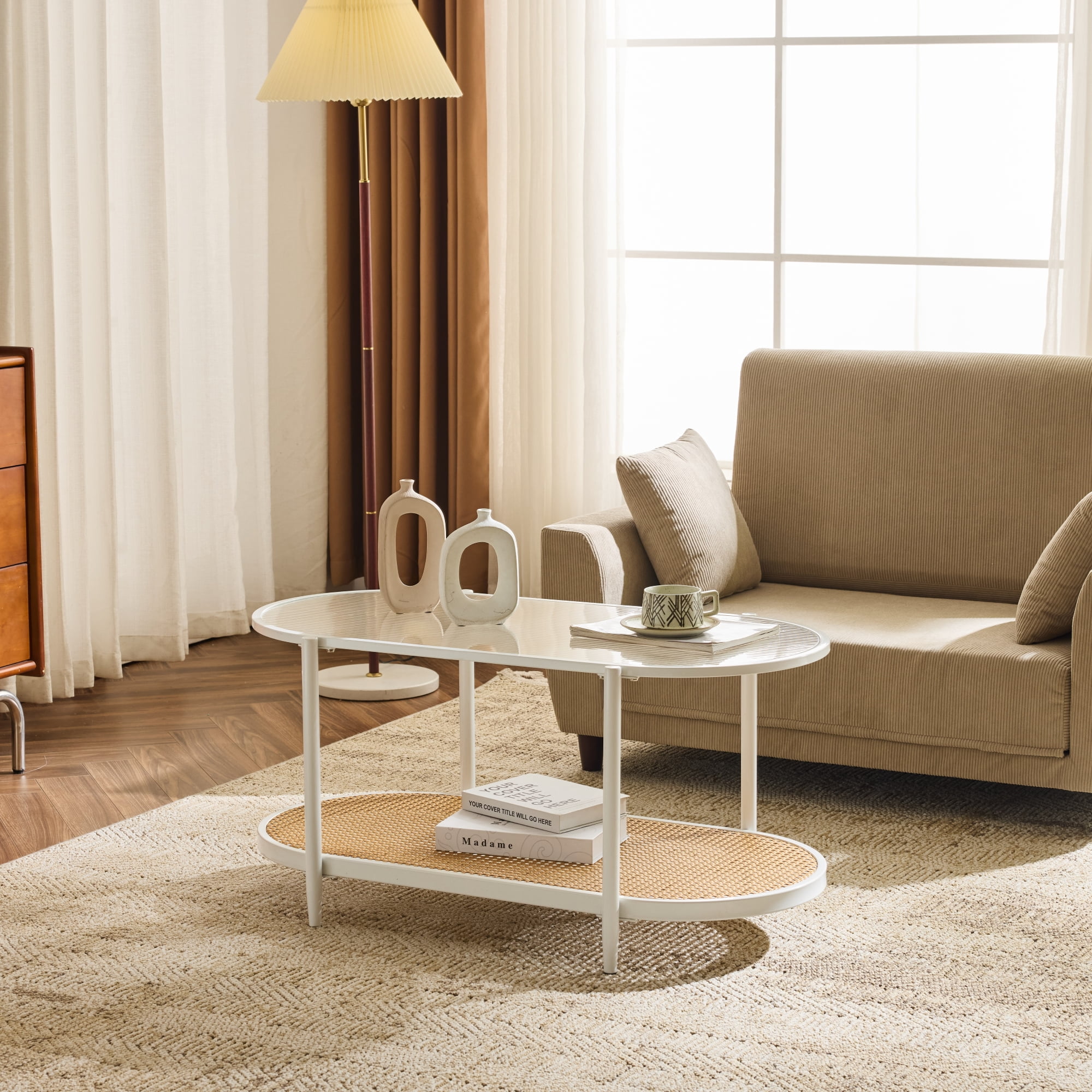 Ktaxon Mid-Century Coffee Table, Long Narrow Center TV Stand Console Table for Living Room, Antique Furniture, White