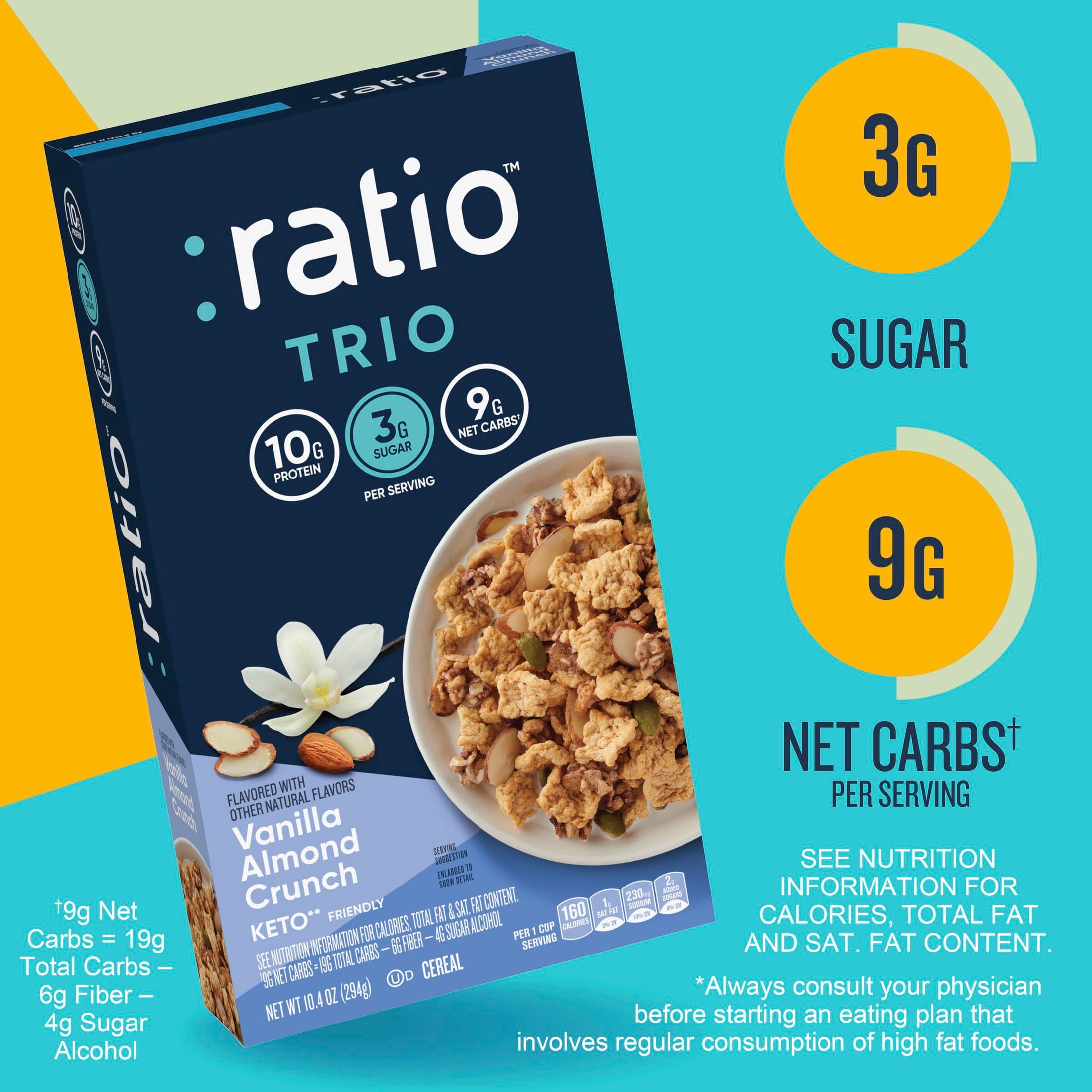 Ratio Trio Vanilla Almond Crunch Cereal, 10g Protein, Keto Friendly, 10.4 oz