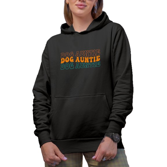 Dog Auntie, Dog Owner or Lover Aunt Themed, Groovy Retro Wavy Text Merch Gift, Black Hooded Sweatshirt or Hoodie, Small