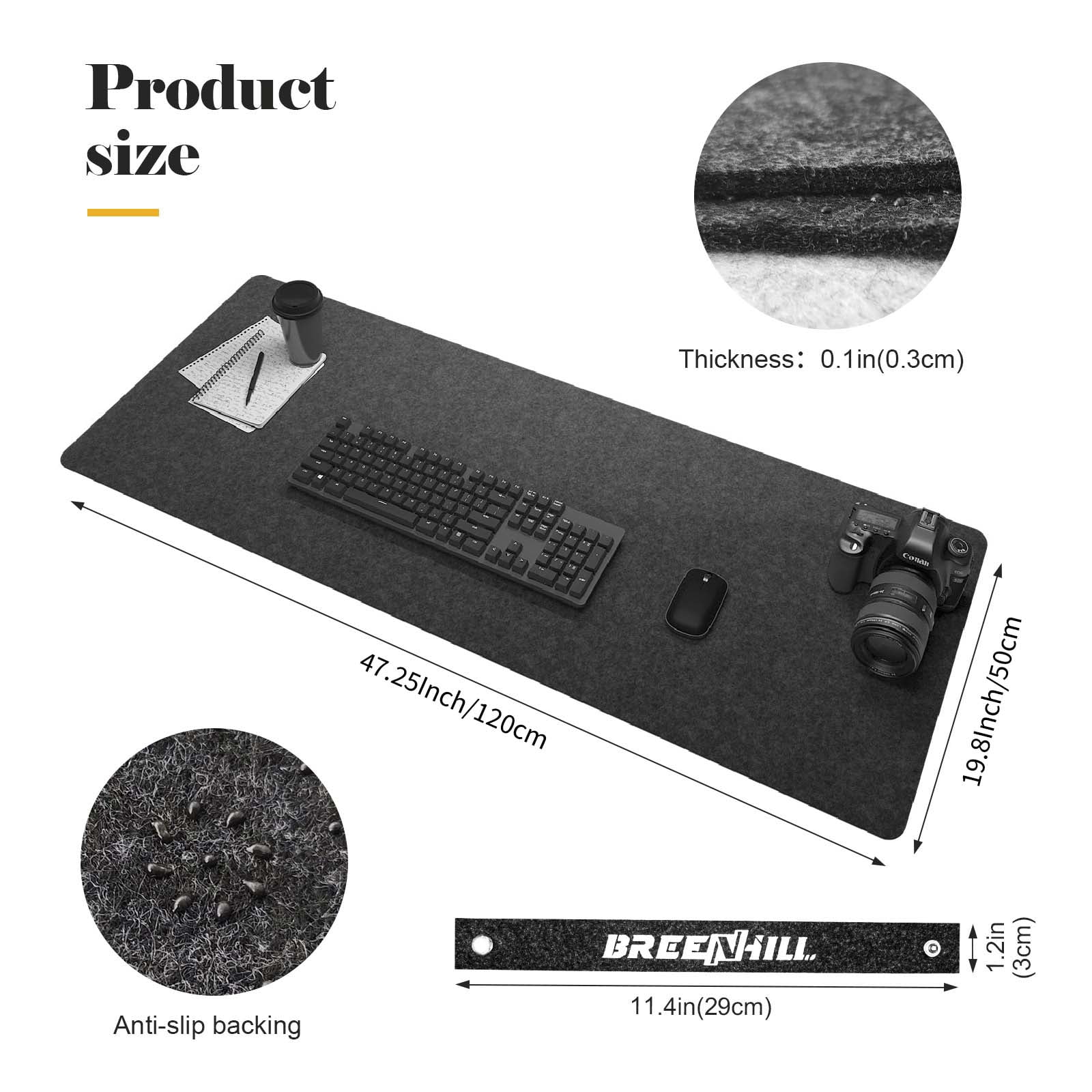 BREENHILL Felt Desk Pad, 47.3" x 19.7" Dark Gray Large Anti-slip Desk Mat Mouse Pad Keyboard Mat for Office Home