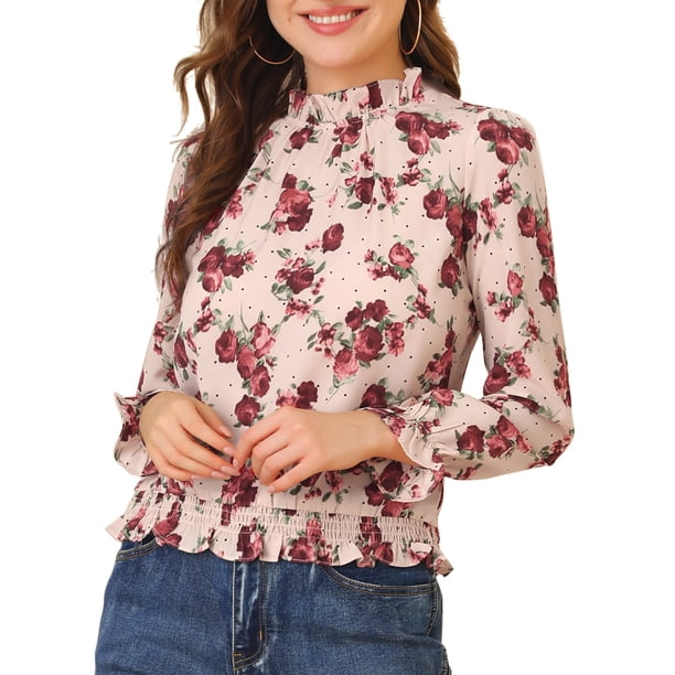 Blusa floral con cuello de pie y dobladillo con volantes de cintura fruncida para mujer INSPIRE CHIC M Rosa