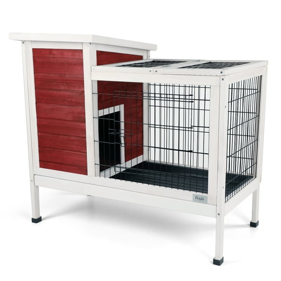 Noaman 2-Tier Wooden Rabbit Hutch, Indoor/Outdoor, Runway, Leak-Proof Tray, Multi-Entrances, Red