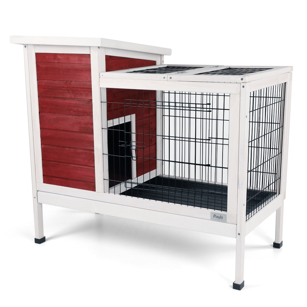 Witaxima Red Wooden Rabbit Hutch with Runway, 37.5x21.5x34 Inch Small Animal Cage, Leak-Proof Plastic Tray for Indoor/Outdoor Use