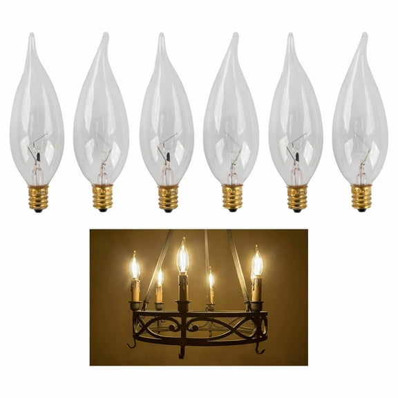 6 X 40W 120V Clear Light Bulbs Candelabra Base Chandelier Candle Shape Flame Tip