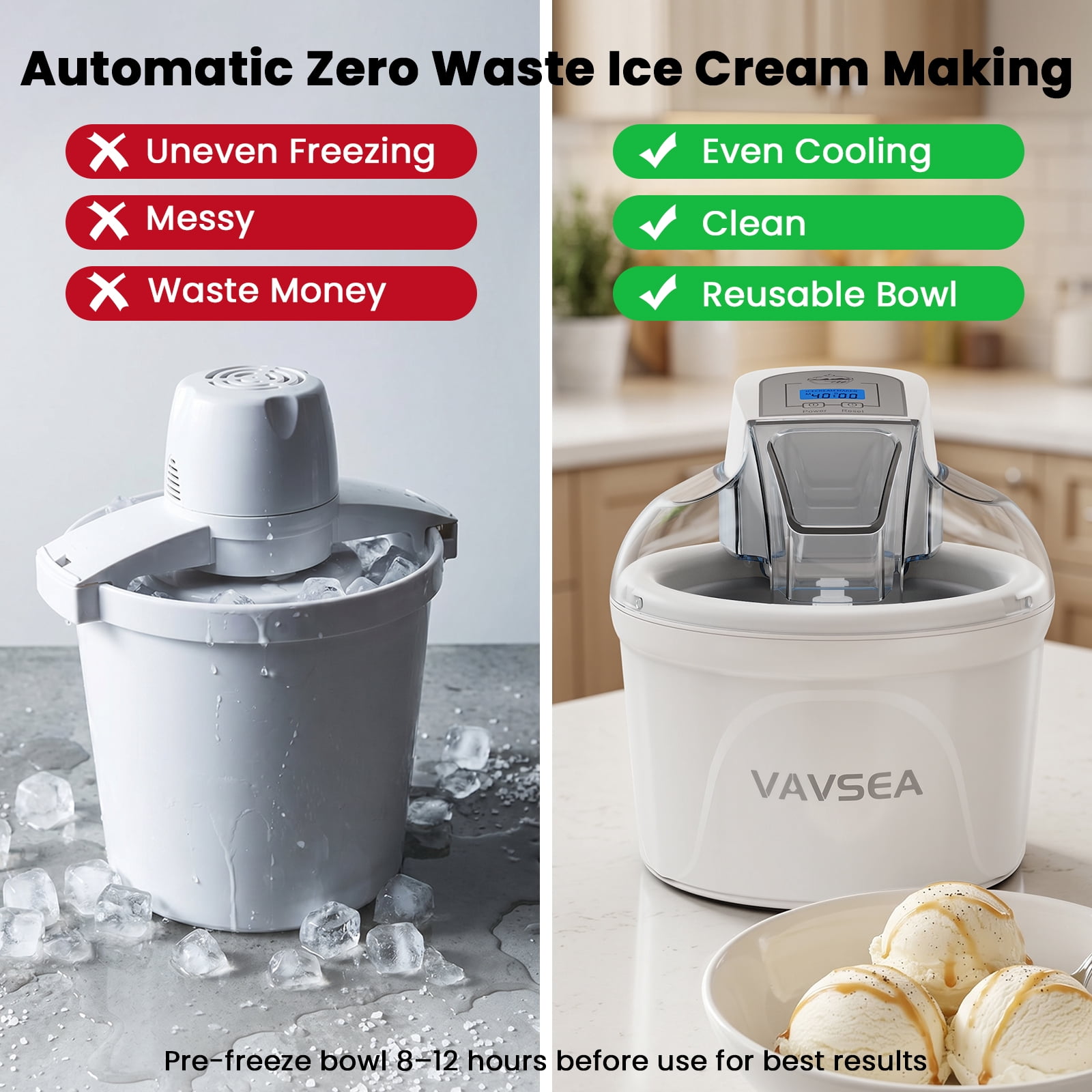 VAVSEA 1.5 Qt Ice Cream Maker with Scoop, Double-Insulated Freezer Bowl, Electric Ice Cream Machine Easy Make, Healthy Homemade Automatic Sobert Maker for Gelato, Frozen Yogurt, White