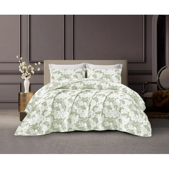CHARLOTTE FLOWERS SAGE COLOR DECORATIVE BEDSPREAD SET 3 PCS QUEEN SIZE