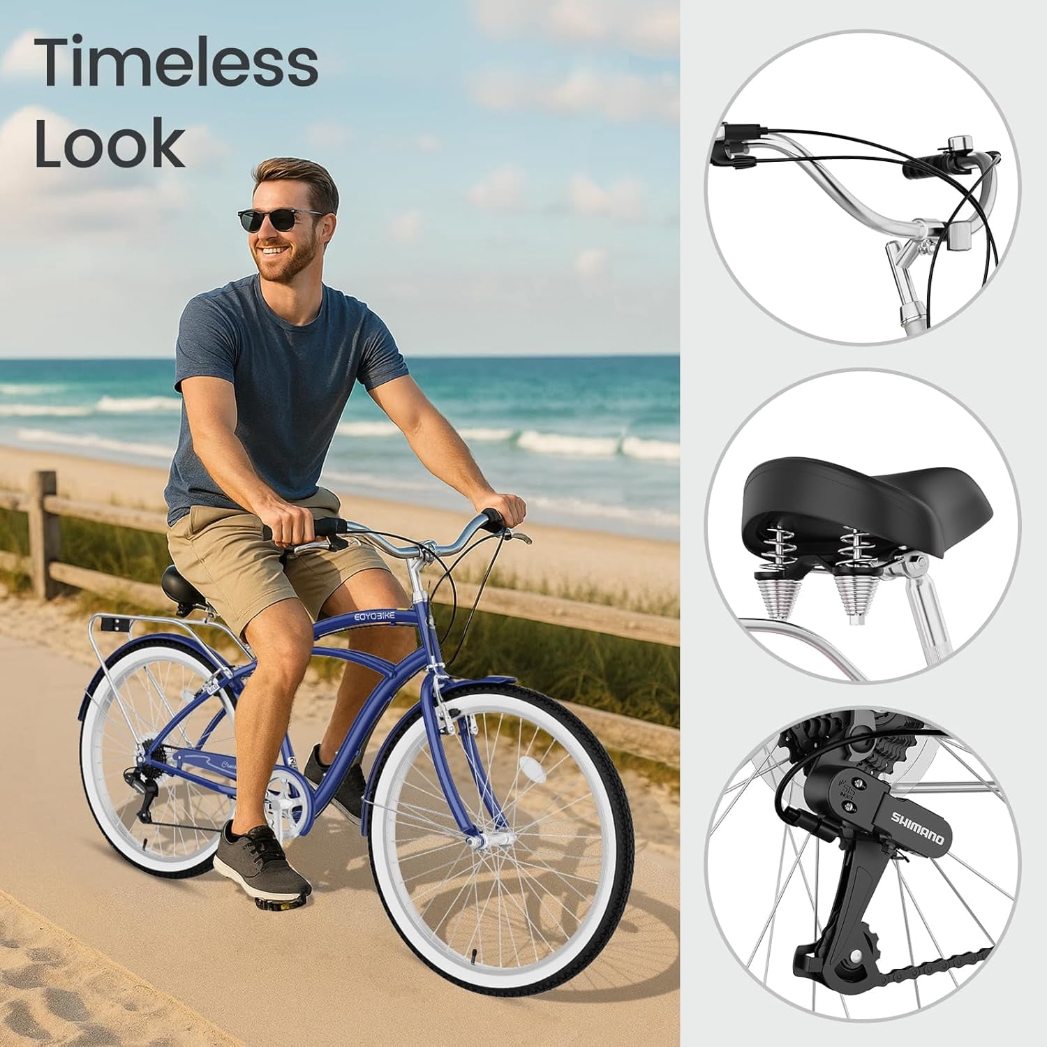 ABORON 26" Beach Cruiser Bike Women Men, Lightweight Adult Cruiser Bike with Rack, 7-Speed Cruiser Bicycle for Commuting, Carbon Steel Frame Commuter Bicycle