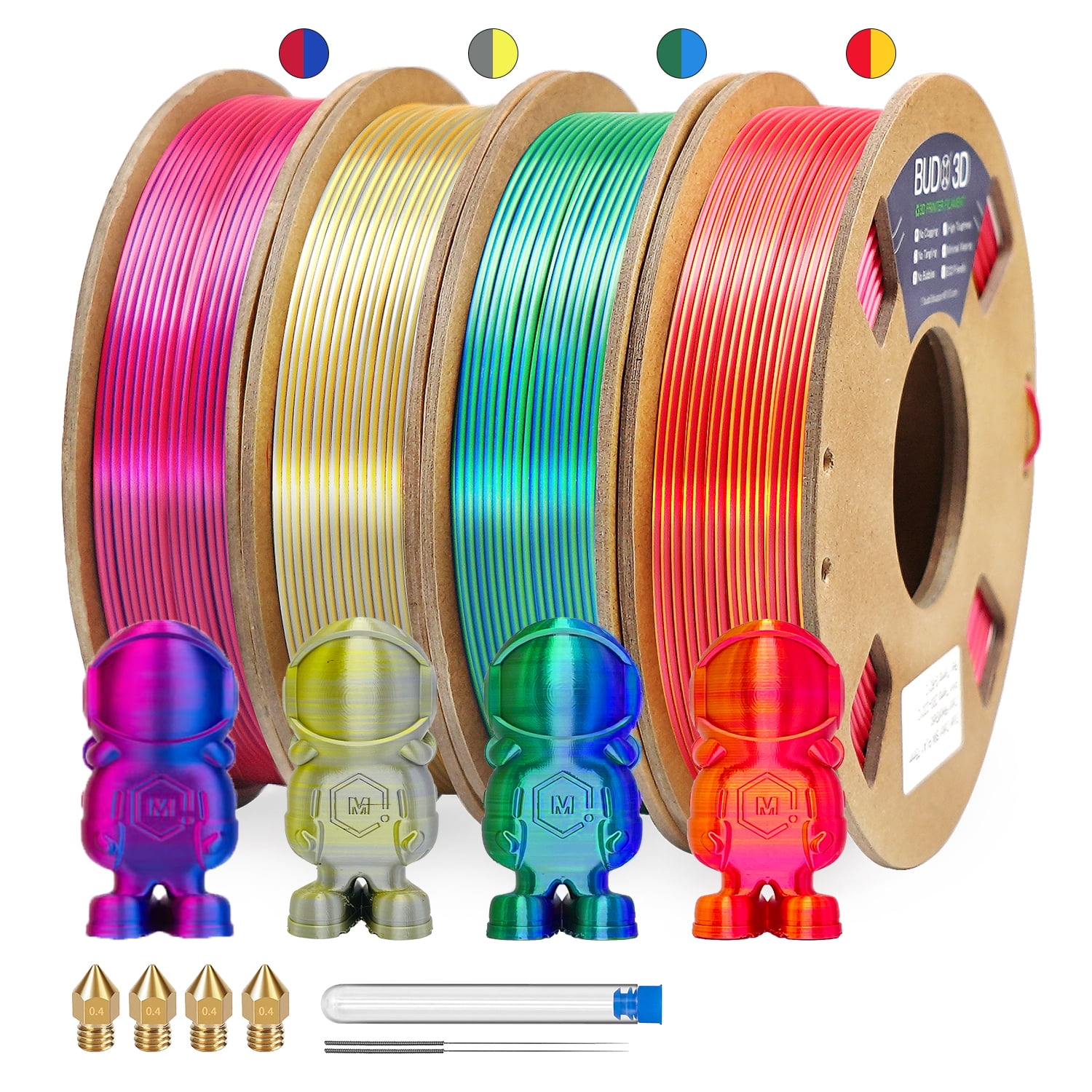 Bounce prangende pence BUDO 3D Printer Filament, PLA Filament 1.75mm 3D Printing Filament Silk  Gradient Color Change Filament Red Blue, Red Gold, Gold Silver, Blue Green  , 250gx4 Spools - Walmart.com