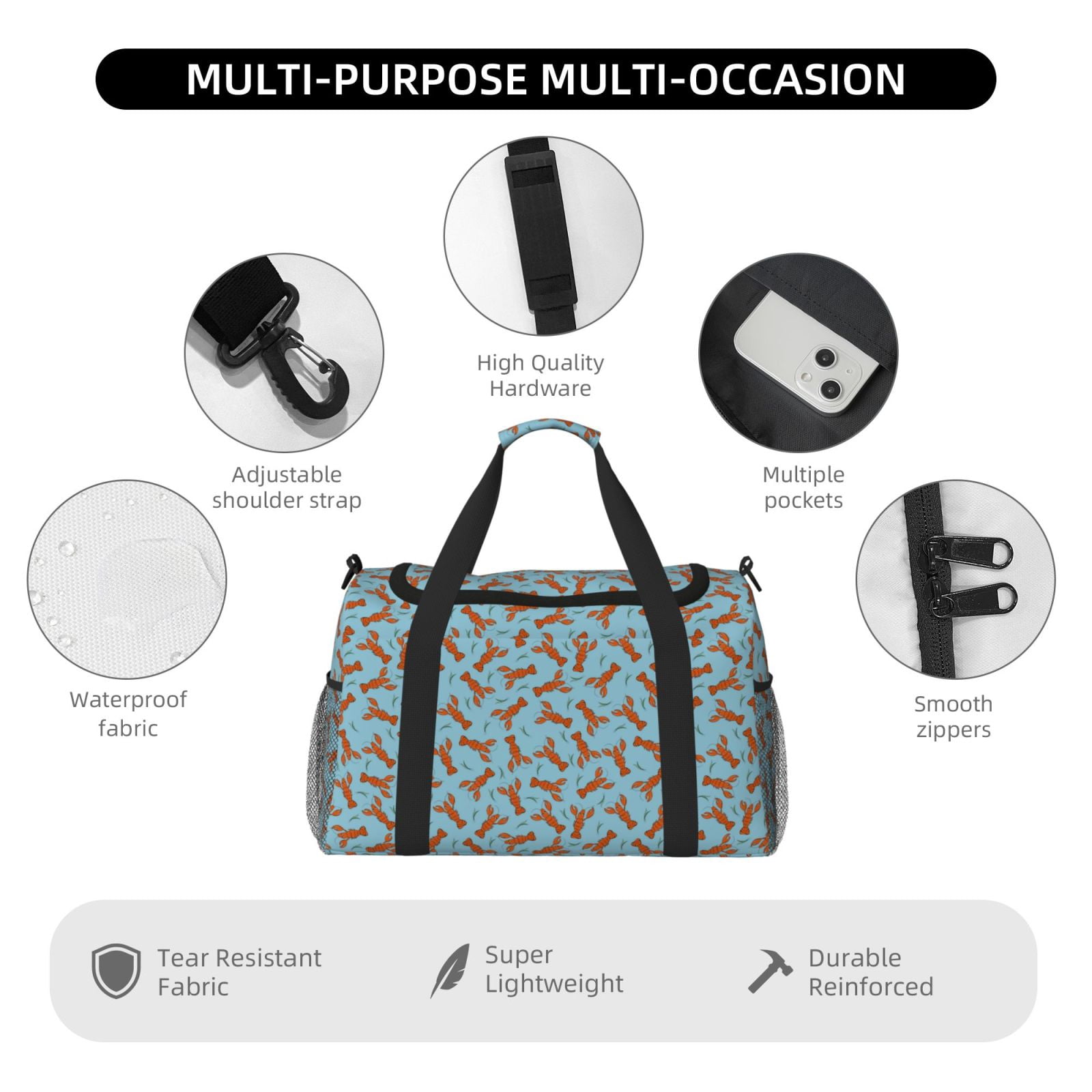 Fuzoiu Funny Lobsters Print Travel Duffle Bag,Carry On Tote Bags,Duffel Bag,Sport Gym Bag, Hospital Bag for Labor and Delivery, Overnight Bag,Luggage Bag