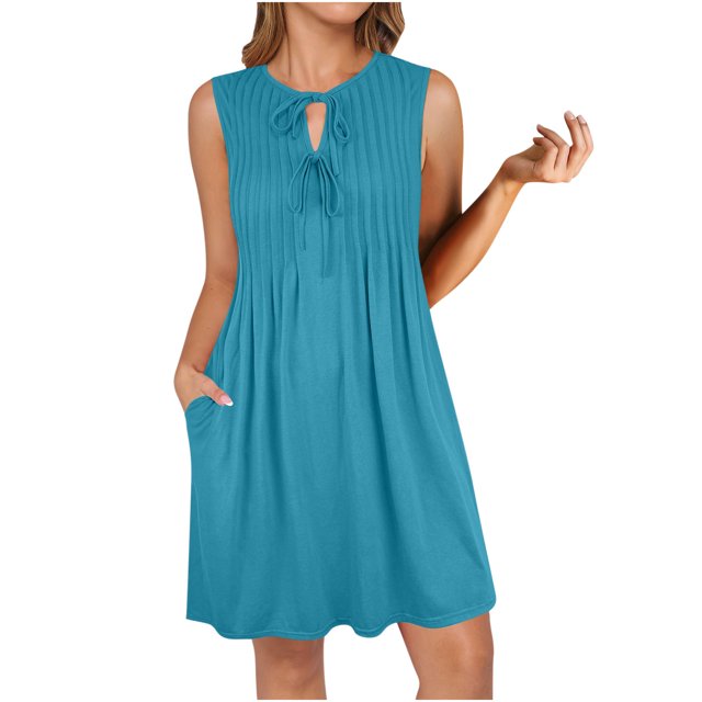 Hyknon Robes d'Été pour Femmes Mode Couleur Unie Col Rond Sans Manches Robes Plissées Fluides Amples Sans Manches avec Poches