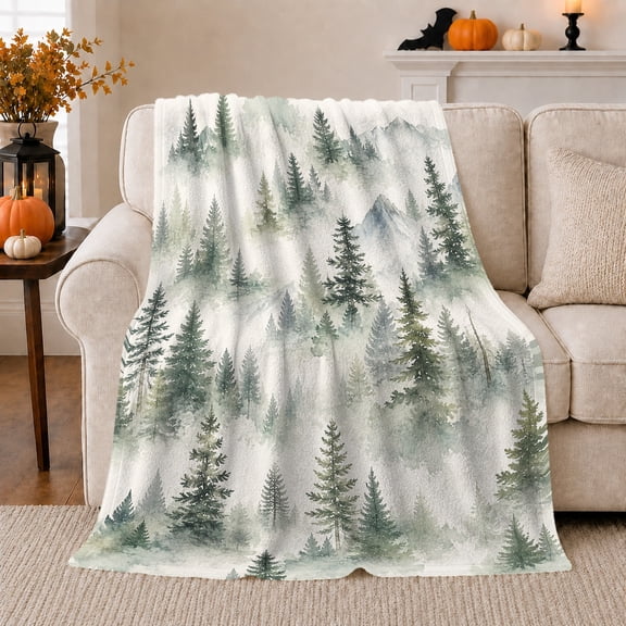 Misty Pine Mountain Forest Minimal Landscape Flannel Blanket, Cozy Watercolor Evergreen Couch Throw for Nature Lovers, Warm Bedroom Cabin Home Decor, Christmas Birthday Gift