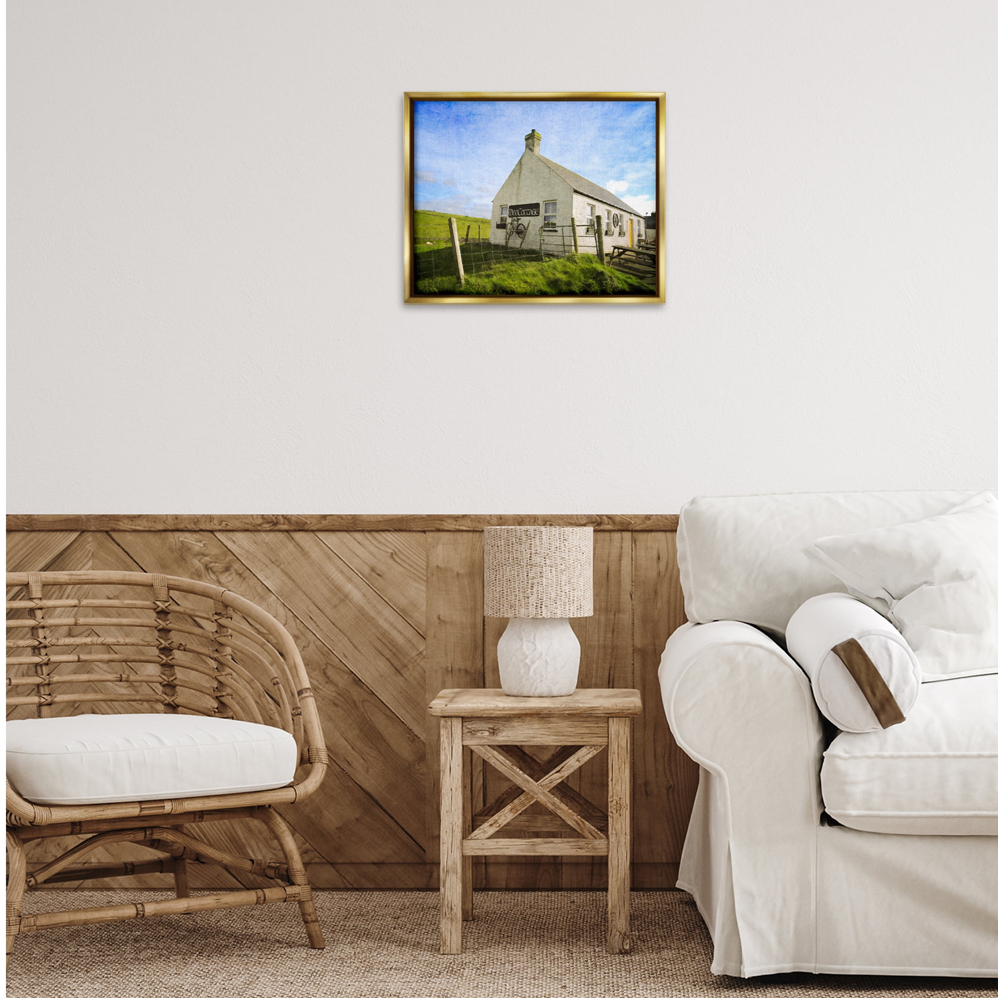 Stupell Industries Wee Cottage Countryside Landscape & Nature Painting Gold Floater Framed Canvas Art Print Wall Art, 21 x 17