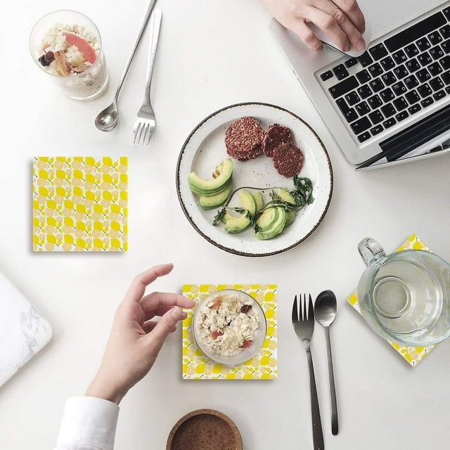RYLABLUE Ensemble de 4 sous-Verres Citron pour Boissons, sous-Verres en Céramique Absorbants avec Base en Liège pour Décoration de Table Basse de Cuisine Maison