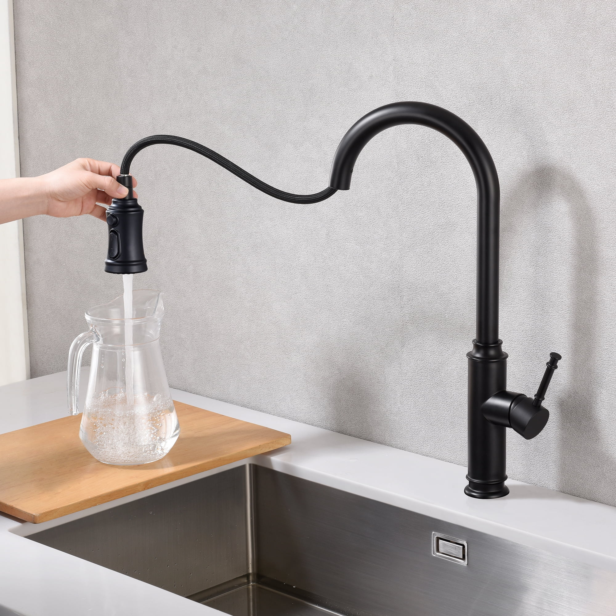 Sumerain Pull-Down Kitchen Faucet with Sprayer, Stainless Steel Single Lever, 1-Hole, Matte Black