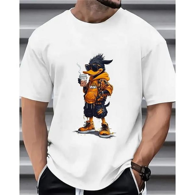 1pc Men'S Cool Duck Print T-Shirt, Casual Crew Neck Short Sleeve, Summer Knit Polyester Tee with Slight Stretch, Regular Fit Outdoor Wear Tee For Adult, Men, Women, Teen, Teenager, Adolescent, Youth