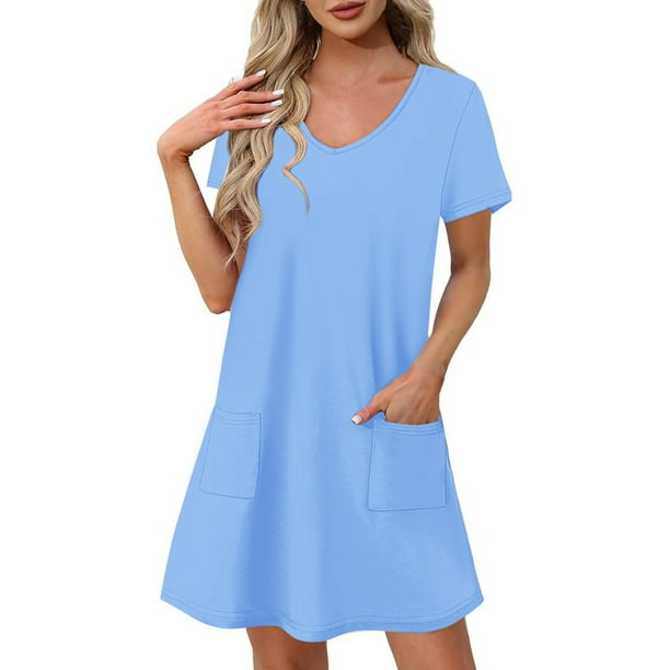 Vestido Corto de Verano de Moda de Color Sólido Vestido Casual de Cuello en V de Manga Corta, Desgaste Ligero de Poliéster para las Mujeres, Lavado de Manos