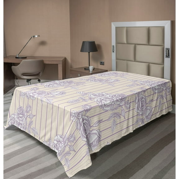 Ambesonne Flowers Vintage Flat Bedding Sheet Soft Top Sheet, Striped Back Roses, Twin, Pale Lavender Cream