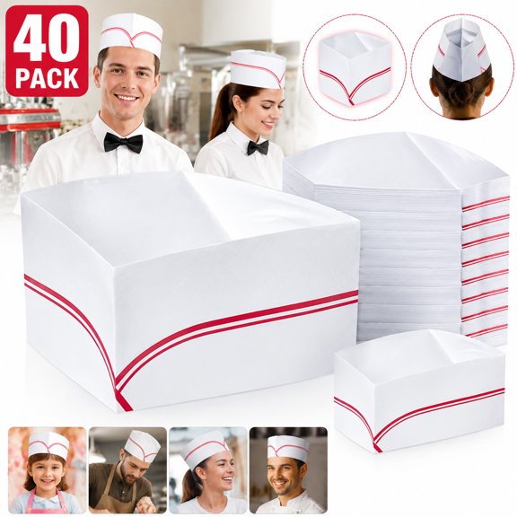 40-Pack Disposable Paper Chef Hats - Soda Jerk Caps for Restaurant Staff, Carnival Party, Themed Events & Kitchen Crew