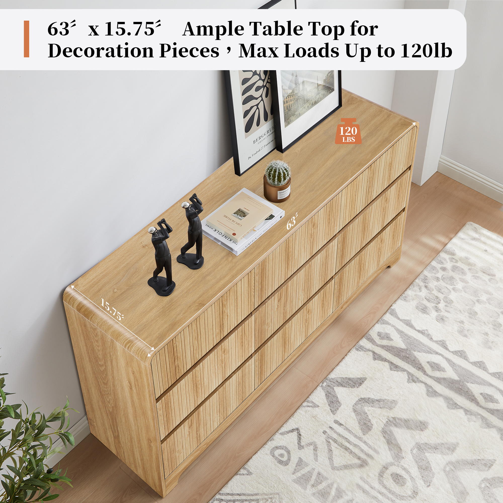 LEFHDA 63" Large 9 Drawer Wood Dressers, Fluted Wide Chest of Drawers, Mid Century Modern Wood Dresser for Living Room, Bedroom, Oak