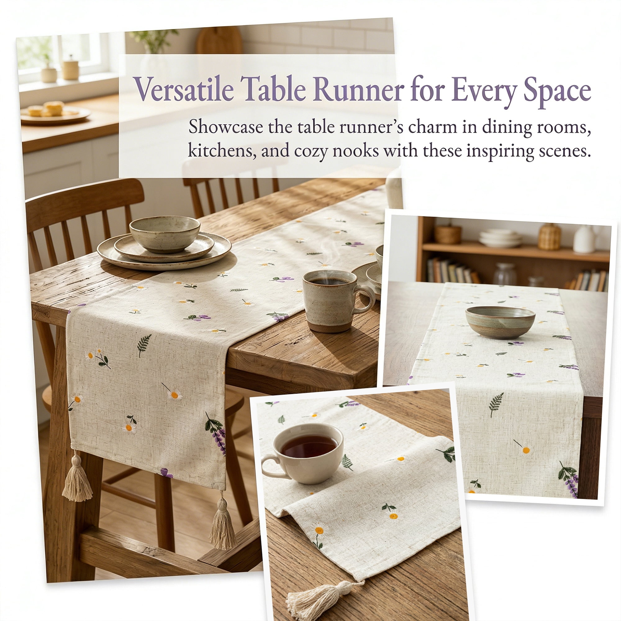 Unique Bargains Table Runner for Kitchen Decor with Tassel Lavender 11.8x63in