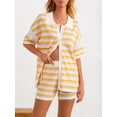 thumbnail image 3 of Musuos Women Summer Crochet Knit Pajamas Set Stripe Contrast Color Button Lapel Tops and Elastic Shorts 2 Pieces Loungewear Suits, 3 of 9