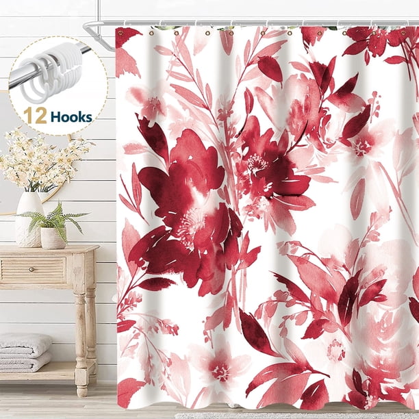 Cortina de ducha de tela floral roja Dznils 72' x 72'