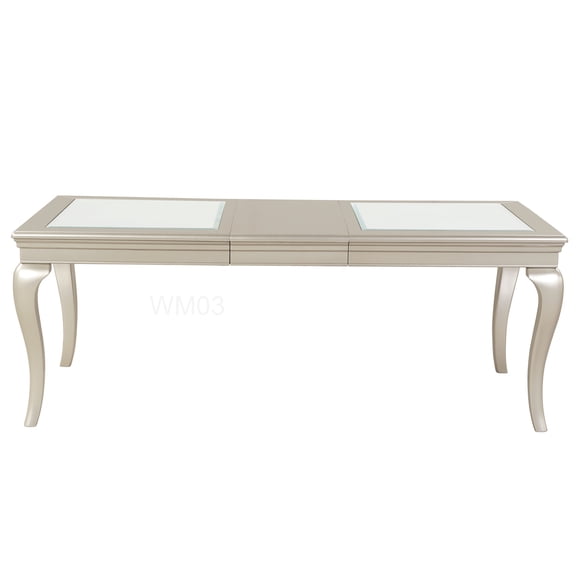 Traditional Style Extendable Dining Table with Glass Inserts, Silver Finish & Wood Base