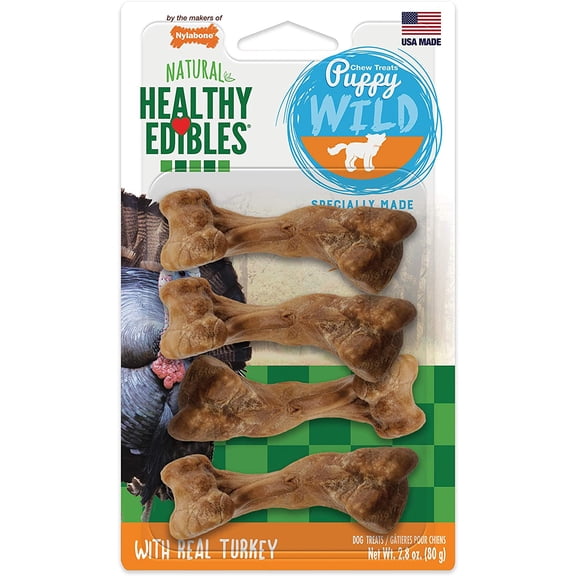 Nylabone Healthy Edibles Wild Dog Treats for Puppies, Puppy Training Treats, Turkey Flavor Dog Bones, Small - Up to 30 lbs. (4 Count)