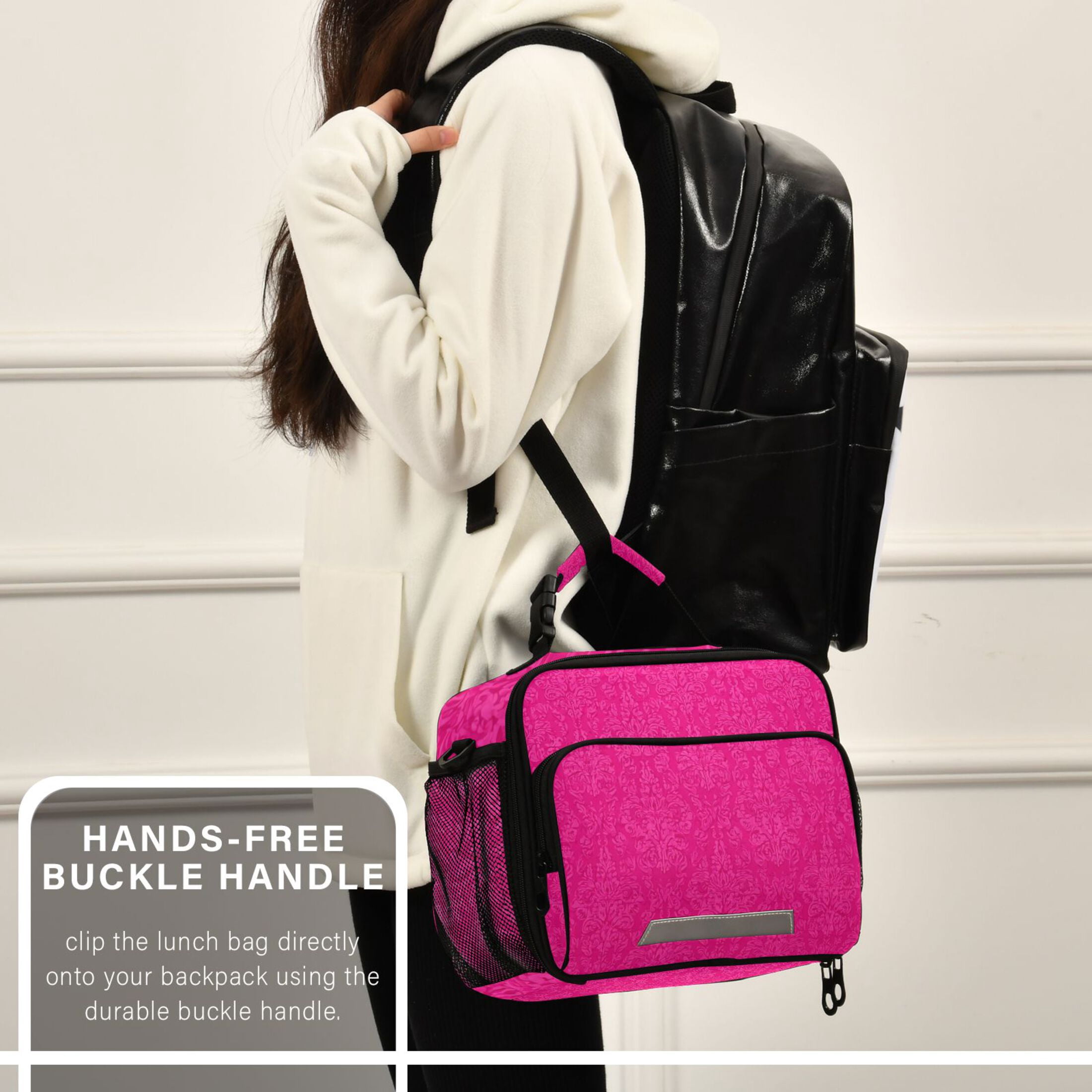 Hot Pink Flower Patterns Insulated Lunch Bag Portable Cooler Bag Mommy Bag Large Capacity 6L