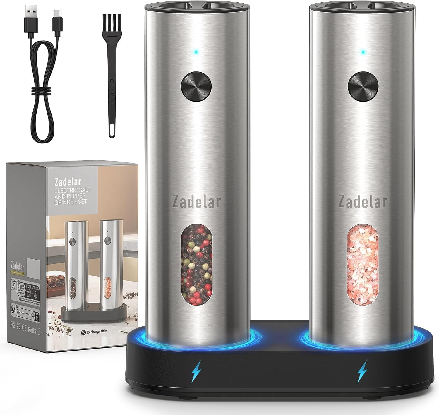 Salt and Pepper Grinder Set Stainless Steel with USB C Dual Charging Base