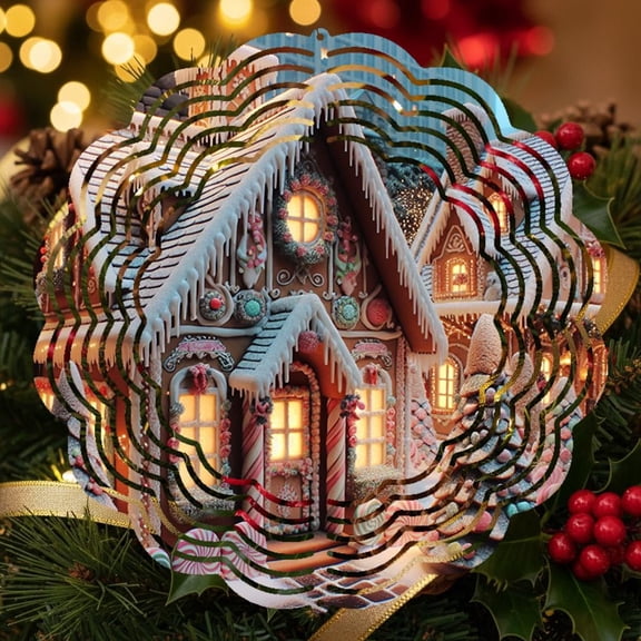 Gingerbread House Metal Wind Spinner Christmas Outdoor Decor, 3D Holiday Yard Art