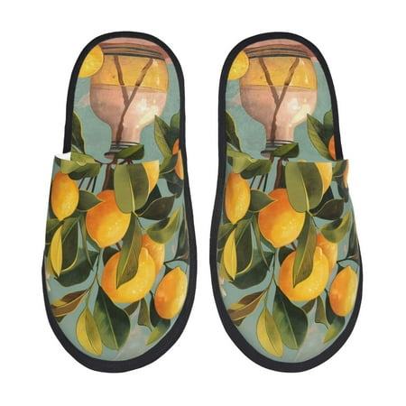 Balery Retro Warm Lemon Flower Slient Indoor Furry Fleece Comfort House Shoes Soft Non-Slip Home Shoes Cotton slippers House Slippers-- Large