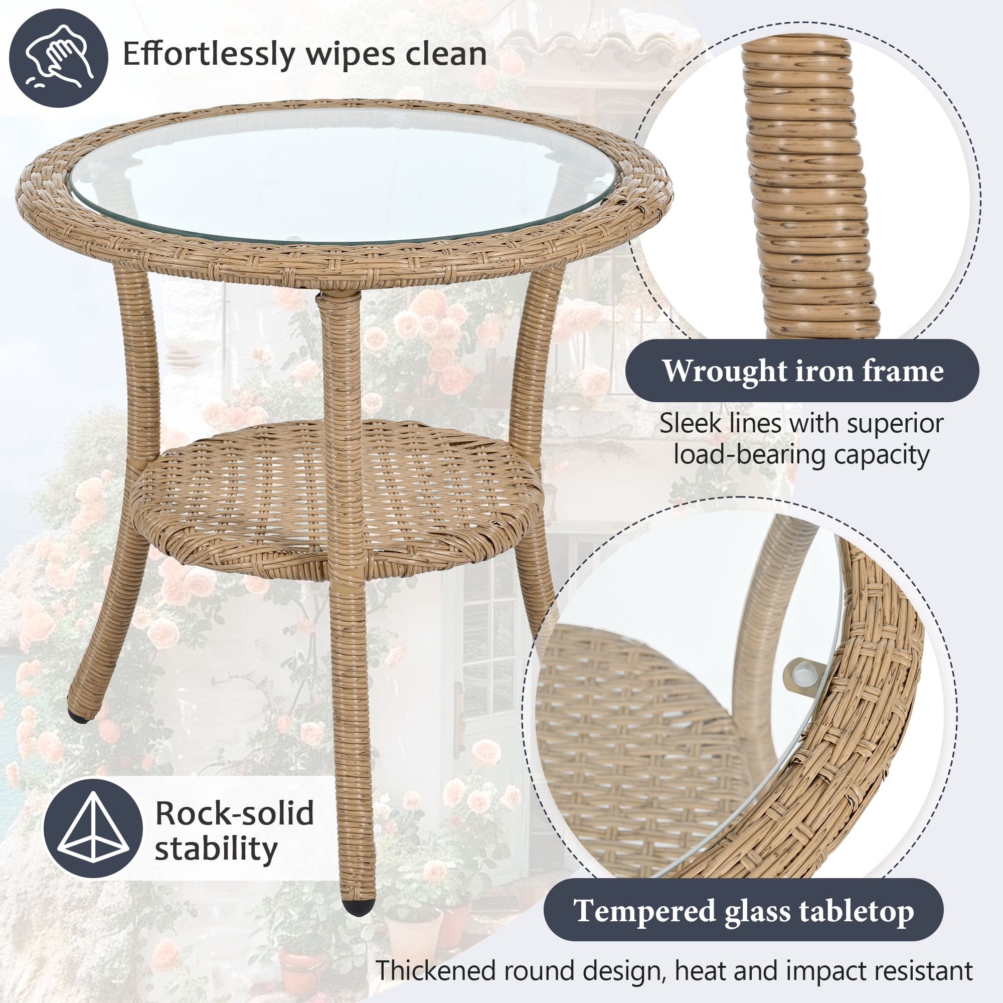 3-Piece Outdoor Furniture Sectional Sofa Set,Patio PE Wicker Conversation Sets with Beige Cushions,Top Glass,Lounge Chair for Garden, Deck, Poolside
