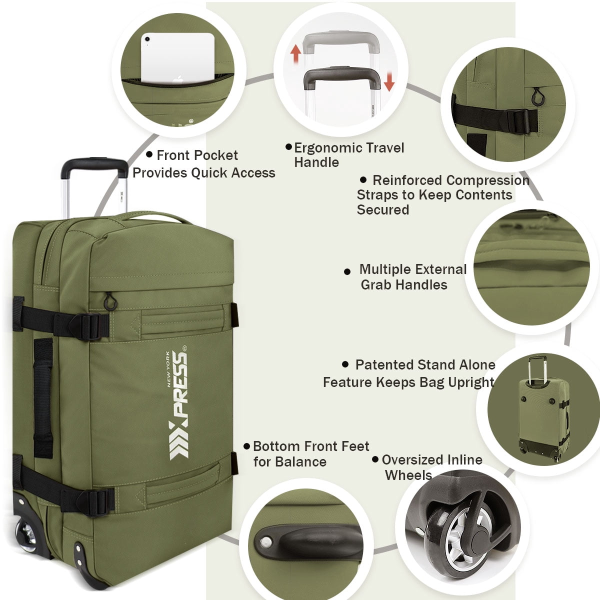 3 Piece Softside Luggage Set, Heavy-Duty Water-Resistant Softshell Suitcase with Wheels, 20"/26"/30" Lightweight Rolling Luggage Bag, Green,TA510