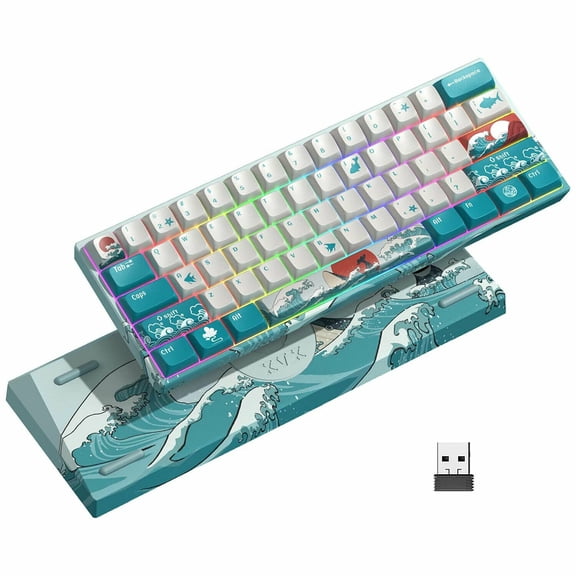 XVX M61 60% Mechanical Gaming Keyboard Coral Sea Theme, Wireless Rechargeable, RGB Backlit for Windows Mac PC Gamers(Gateron Red Switch)