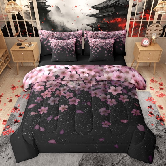 Homewish Cute Cartoon Sakura 7-Piece Twin Bedding Sets,Japanese Cherry Blossom Bedding Comforter Set,Pink Black Sheet Sets For Girl,Breathable Home Decor Reversible